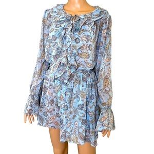 En Creme romper Blue Sky Ruffle Romper floral print flowy ruffle tie waist SZ M